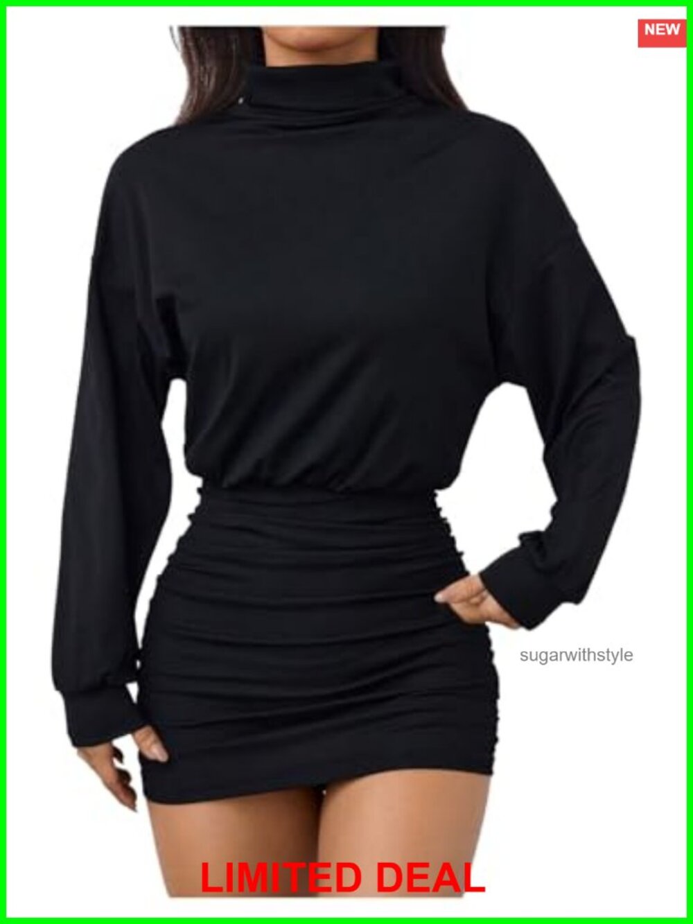 Women's Lantern Long Sleeve Mock Neck Mini Dress Ruched Bodycon